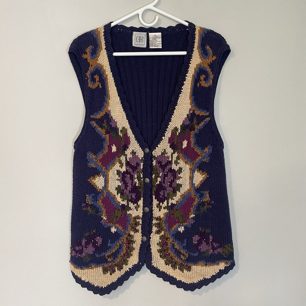 VTG CHU Women's Knit Floral Vest Size‎ Large Beaded Crochet Cottagecore